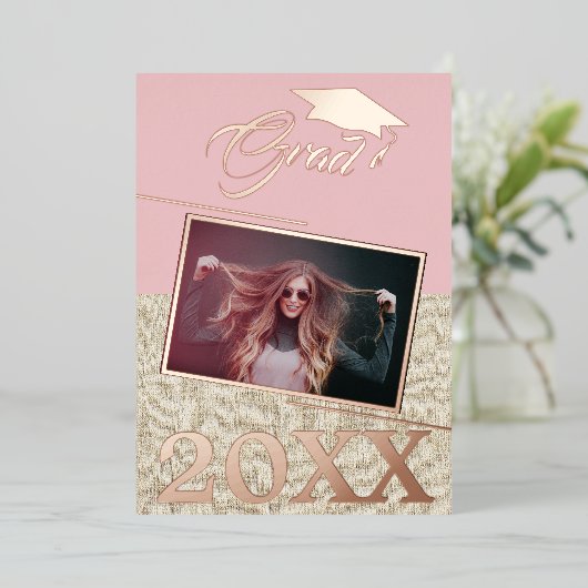 ほこりっぽい素朴ピンクの卒業写真の卒業 箔招待状 (立ち正面)