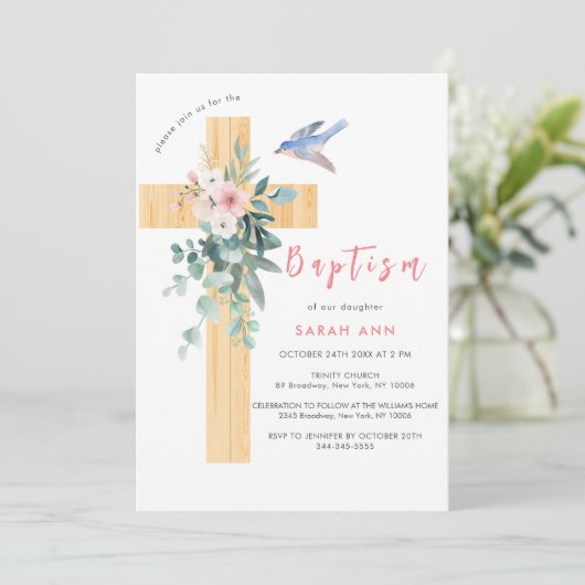 ほこりっぽい素朴ピンクフローラユーカリプタスクロスバプテスマ 招待状 (スタンド正面)