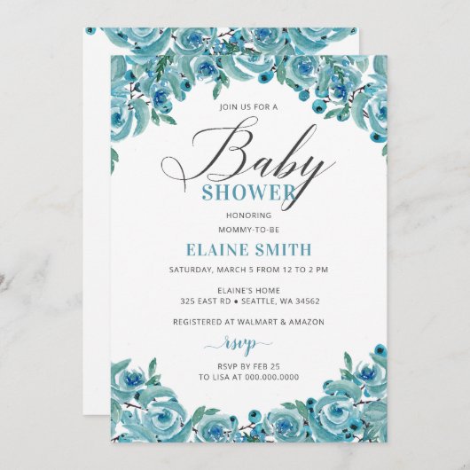 ほこりっぽい素朴ブルーフローラ男の子の赤ちゃんシャワー 招待状 (正面/裏面)