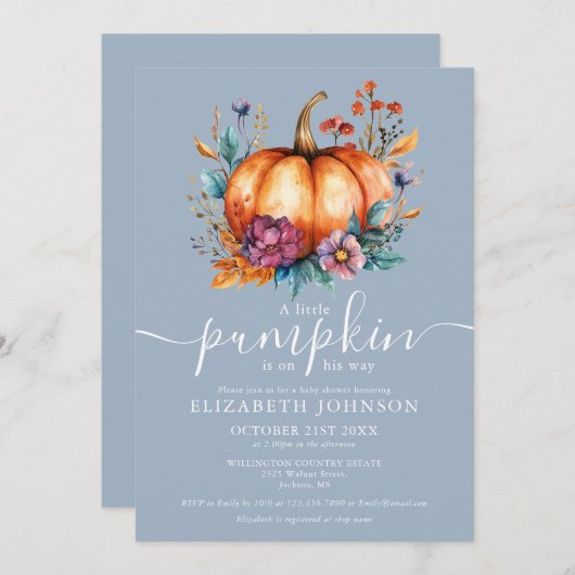 ほこりっぽい素朴ブルーリトルカボチャ男の子の赤ちゃんシャワー 招待状 (正面/裏面)