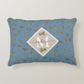 ほこりっぽい素朴ブルー葉ブラウンモノグラムのズ アクセントクッション (正面)