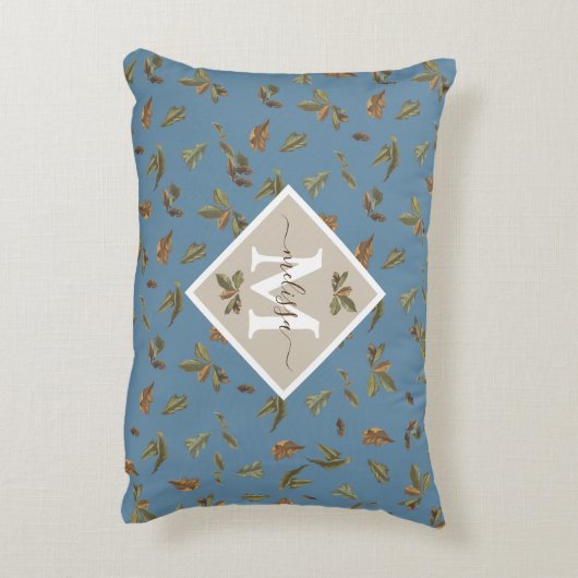 ほこりっぽい素朴ブルー葉ブラウンモノグラムのズ アクセントクッション (裏面(縦))