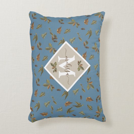 ほこりっぽい素朴ブルー葉ブラウンモノグラムのズ アクセントクッション (正面(垂直))