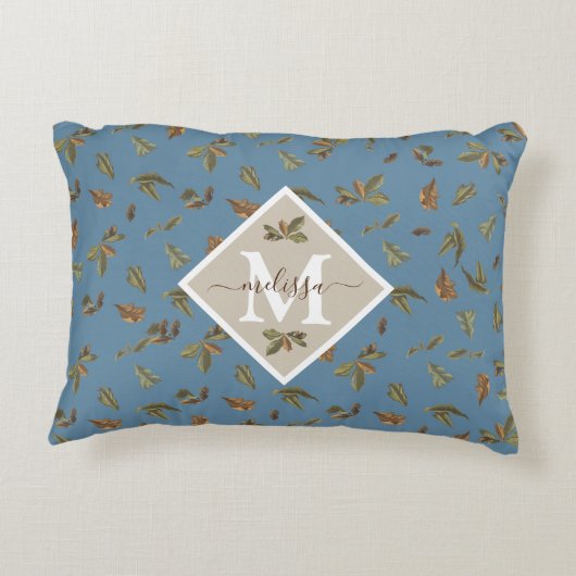 ほこりっぽい素朴ブルー葉ブラウンモノグラムのズ アクセントクッション (裏面)