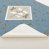 ほこりっぽい素朴ブルー葉ブラウンモノグラムのズ シェルパブランケット (3/4)