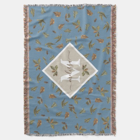 ほこりっぽい素朴ブルー葉ブラウンモノグラムのズ スローブランケット (正面縦)