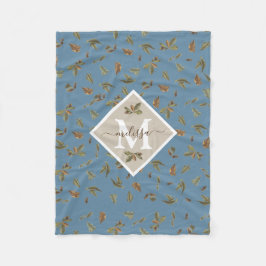 ほこりっぽい素朴ブルー葉ブラウンモノグラムのズ フリースブランケット