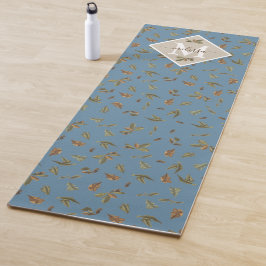 ほこりっぽい素朴ブルー葉ブラウンモノグラムのズ ヨガマット