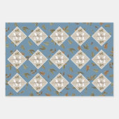 ほこりっぽい素朴ブルー葉ブラウンモノグラムのズ ラッピングペーパーシート (正面)