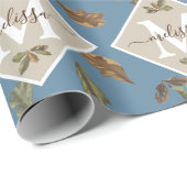 ほこりっぽい素朴ブルー葉ブラウンモノグラムのズ ラッピングペーパー (ロールコーナー)
