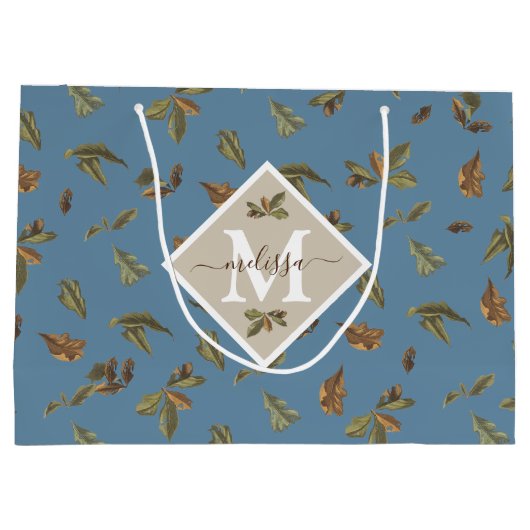 ほこりっぽい素朴ブルー葉ブラウンモノグラムのズ ラージペーパーバッグ (裏面)