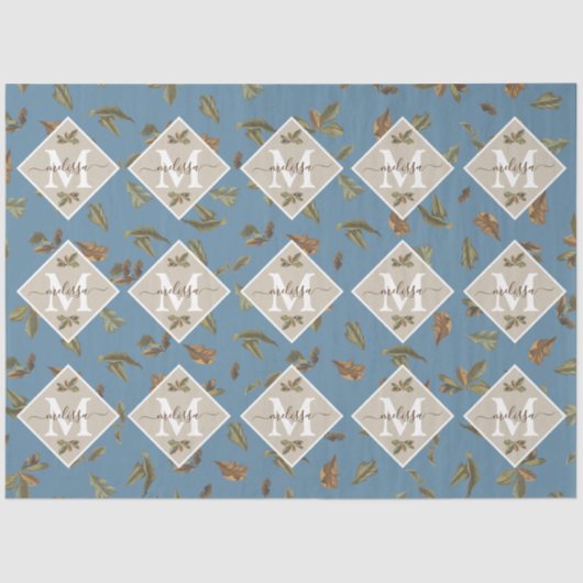 ほこりっぽい素朴ブルー葉ブラウンモノグラムのズ 薄葉紙 (正面)