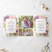 ほこりっぽい素朴プラムパープル赤面ピンクフローラ結婚ズ 三つ折り招待状 (内部)