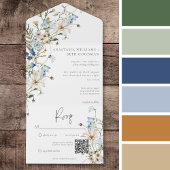 ほこりっぽい素朴青いワイルドフラワー&デイジーQRコード オールインワン招待状