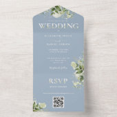 ほこりっぽい素朴青の緑のQRコー結婚ド オールインワン招待状 (内側)