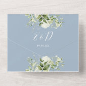 ほこりっぽい素朴青の緑のQRコー結婚ド オールインワン招待状 (裏面)