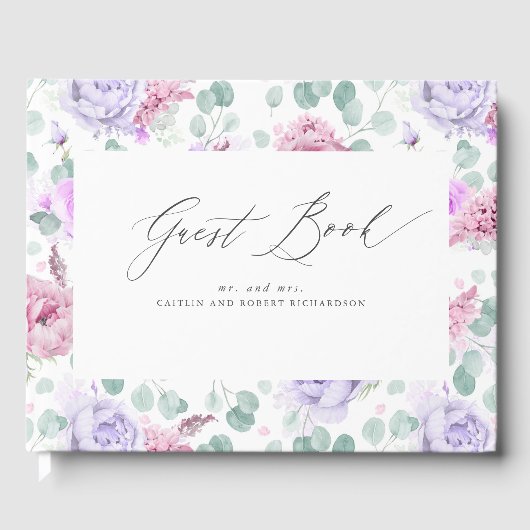 ほこりっぽい紫とピンクのフローラエレガントな結婚式 ゲストブック (正面)