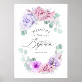 ほこりっぽい紫とピンクのフローラバプテスマ歓迎サイン ポスター (正面)
