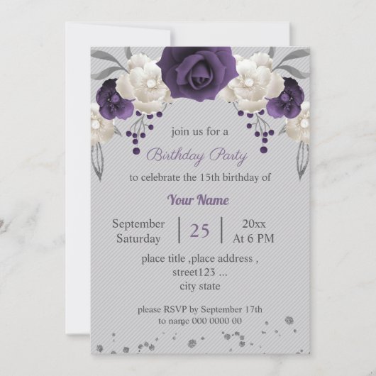 ほこりっぽい紫と白い花の灰色の誕生日 招待状 (正面)