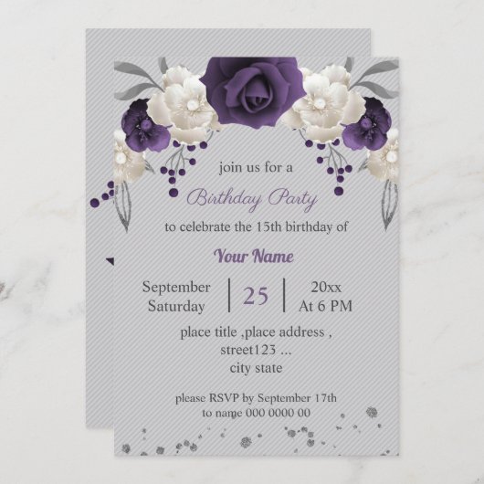 ほこりっぽい紫と白い花の灰色の誕生日 招待状 (正面/裏面)