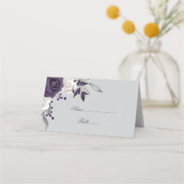 ほこりっぽい紫と白の花グレー プレイスカード