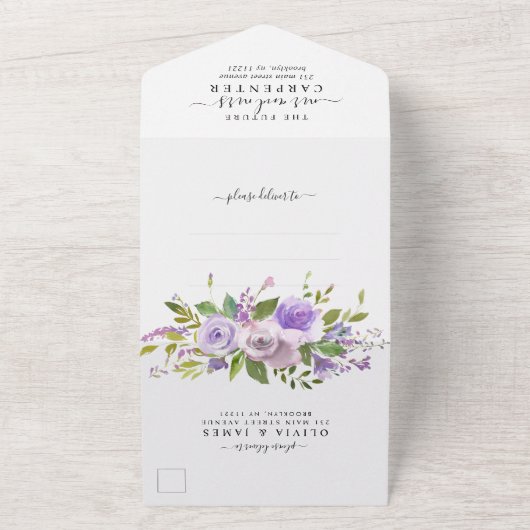 ほこりっぽい紫のエレガントフローラ結婚ズ オールインワン招待状 (外側)
