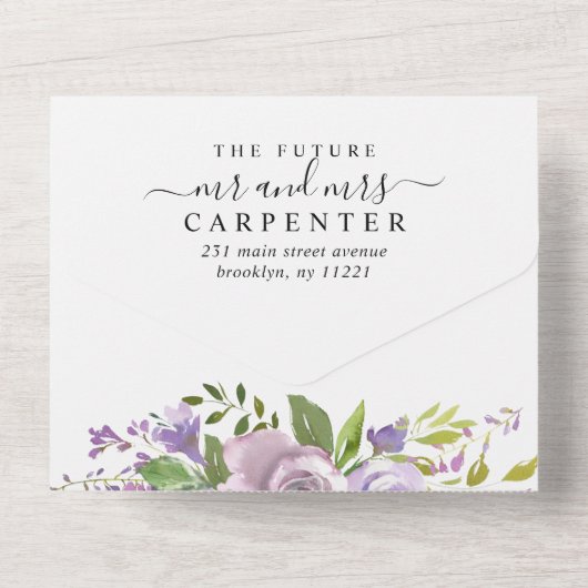 ほこりっぽい紫のエレガントフローラ結婚ズ オールインワン招待状 (裏面)