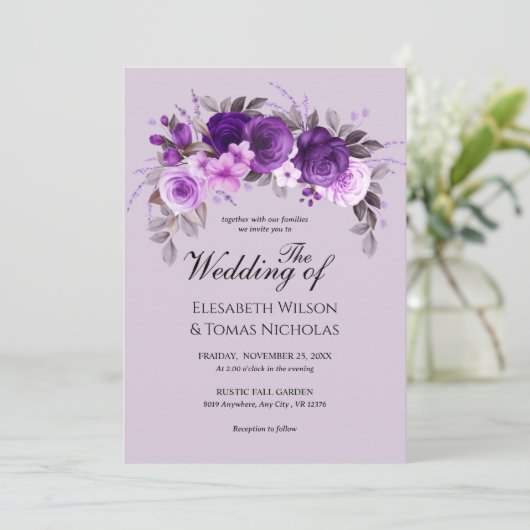 ほこりっぽい紫のバラと緑の結婚銀 招待状 (スタンド正面)