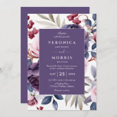 ほこりっぽい紫のバラフローラ水結婚色の 招待状 (正面/裏面)