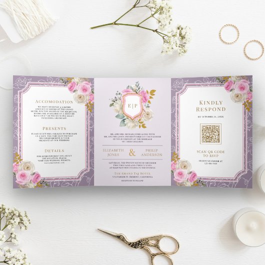 ほこりっぽい紫のピンクのフローラすべて結婚の1つ 三つ折り招待状