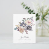 ほこりっぽい紫のフローラ水色カスタムウェディング サンキューカード (スタンド正面)