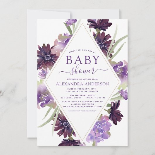 ほこりっぽい紫のフローラ緑の赤ちゃんシャワー 招待状 (正面)