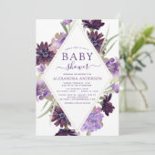 ほこりっぽい紫のフローラ緑の赤ちゃんシャワー 招待状 (スタンド正面)