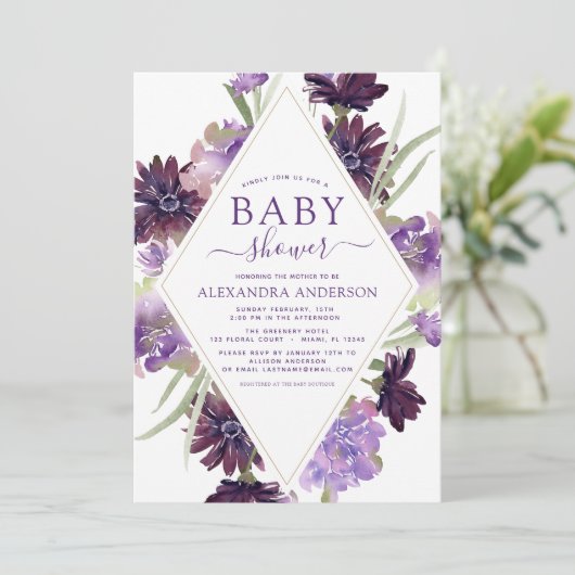 ほこりっぽい紫のフローラ緑の赤ちゃんシャワー 招待状 (スタンド正面)