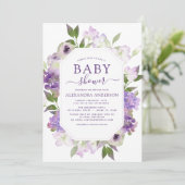 ほこりっぽい紫のフローラ緑の赤ちゃんシャワー 招待状 (スタンド正面)