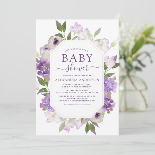 ほこりっぽい紫のフローラ緑の赤ちゃんシャワー 招待状 (スタンド正面)