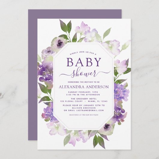 ほこりっぽい紫のフローラ緑の赤ちゃんシャワー 招待状 (正面/裏面)