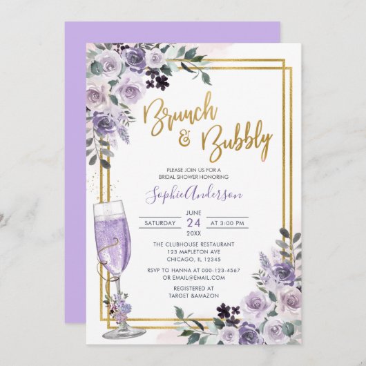 ほこりっぽい紫のフローラ薄紫フラワーブランチと泡立ち 招待状 (正面/裏面)