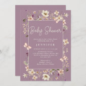 ほこりっぽい紫のベビーの開花ワイルドフラワーベビーシャワー 招待状 (正面/裏面)