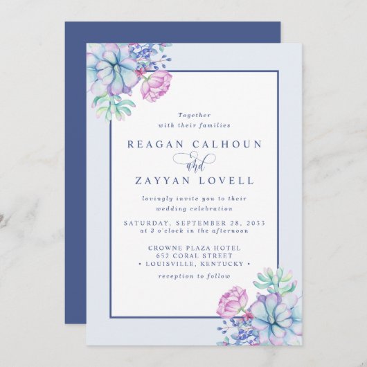 ほこりっぽい紫の多肉植物結婚の 招待状 (正面/裏面)