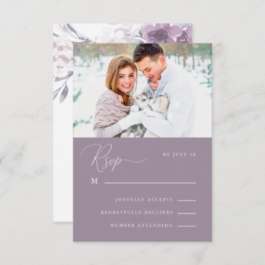 ほこりっぽい紫の書道とフローラ写真Rsvp 出欠カード (正面/裏面)