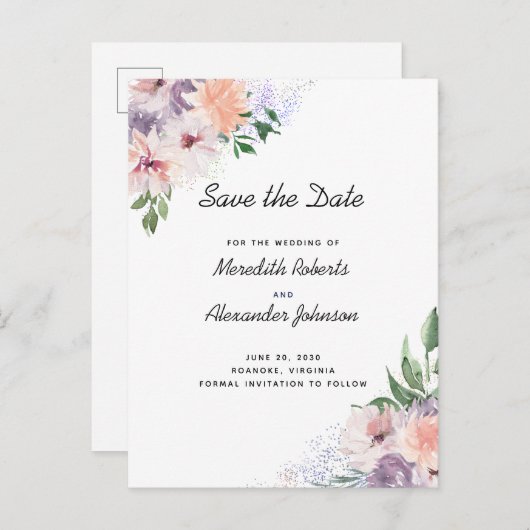 ほこりっぽい紫の桃フローラQRコード日付を保存 案内ポストカード (正面/裏面)