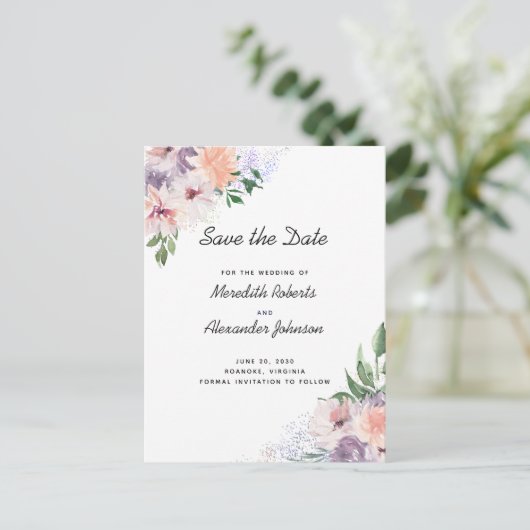 ほこりっぽい紫の桃フローラQRコード日付を保存 案内ポストカード (スタンド正面)