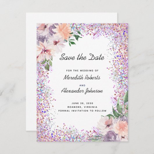 ほこりっぽい紫の桃フローラQRコード日付を保存 案内状 (正面/裏面)