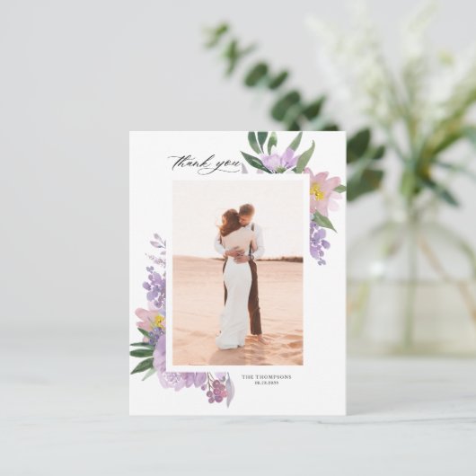 ほこりっぽい紫の牡丹の写真結婚の感謝 ポストカード (スタンド正面)