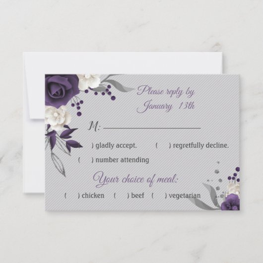 ほこりっぽい紫の白い花が灰色 出欠カード (正面)