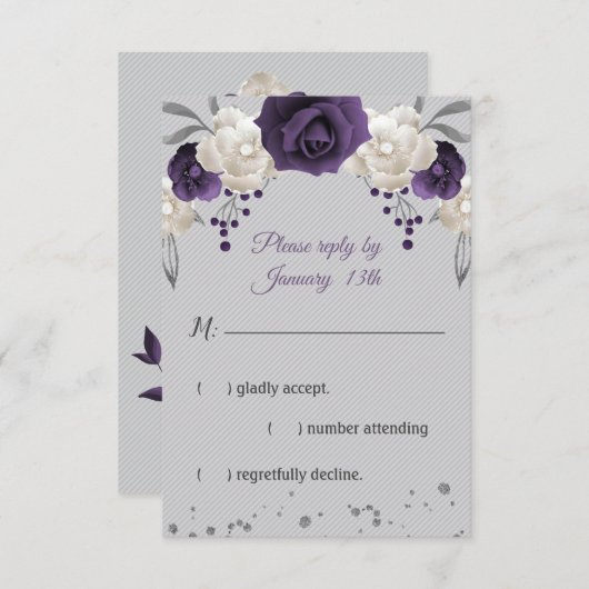 ほこりっぽい紫の白い花が灰色 出欠カード (正面/裏面)