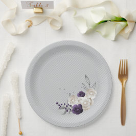 ほこりっぽい紫の白い花の植物性 ペーパープレート