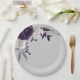 ほこりっぽい紫の白い花の植物性 ペーパープレート