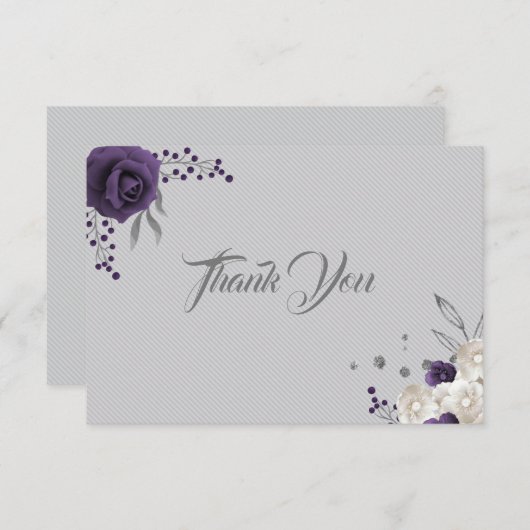ほこりっぽい紫の白い花シルバーグレー サンキューカード (正面/裏面)